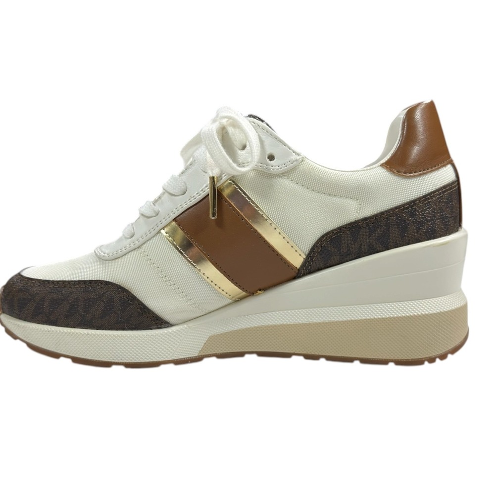 Michael Kors Georgie Wedge Sneakers 7 Brown White Logo Trainer Luxury Streetwear - Picture 7 of 11
